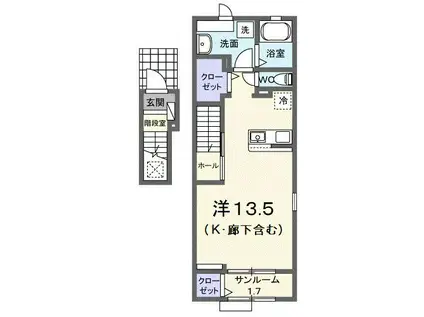 ヴィアアルスI(ワンルーム/2階)の間取り写真