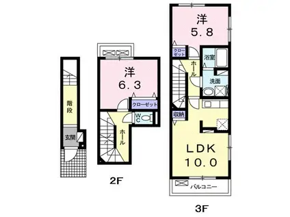 オリエンタルコートB(2LDK/2階)の間取り写真
