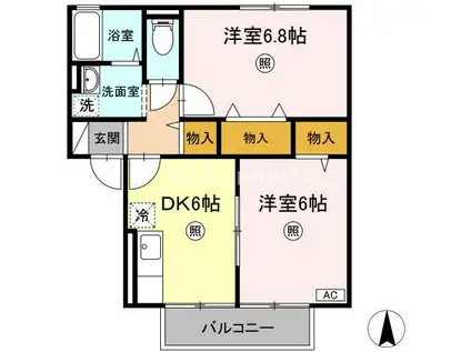 パディーコート B棟(2DK/1階)の間取り写真