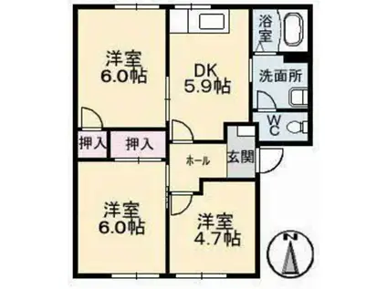 フレグランスNANBA IV棟(2K/2階)の間取り写真