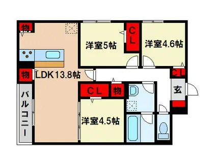 トリシア 東大利(3LDK/3階)の間取り写真