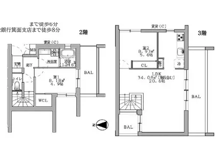 レジデンツァR(2LDK/2階)の間取り写真