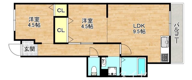 シャトーピィエルピーキトーハイツ(2LDK/9階)の間取り写真