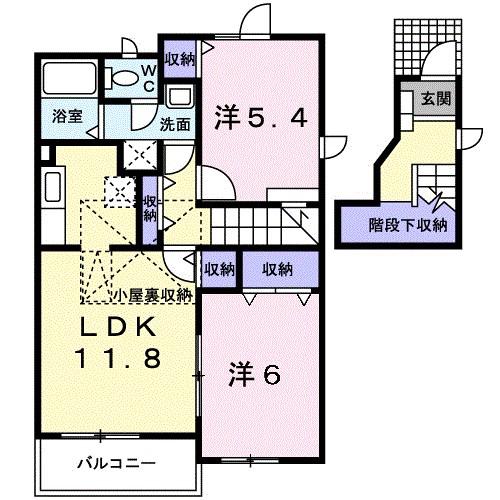 ヴィラ ミニョン B(2LDK/2階)の間取り写真