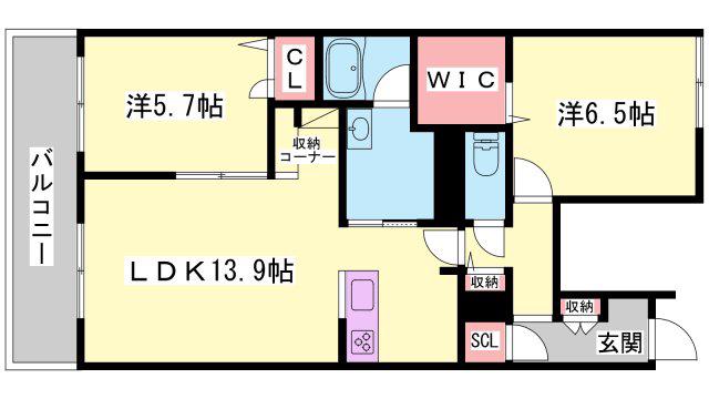 オカバ姫路岡町シャーメゾン(2LDK/2階)の間取り写真