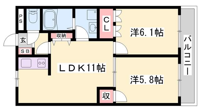 サン・フラワー新宮(2LDK/1階)の間取り写真