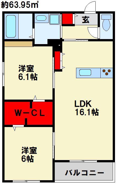 メゾンルポア大里(2LDK/1階)の間取り写真