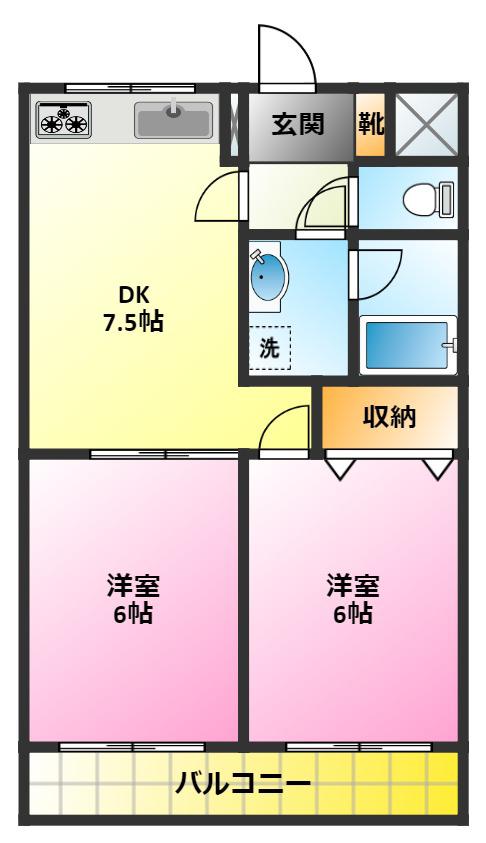 ファインビューエリア(2DK/1階)の間取り写真