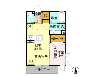 シャインヒルズ城山(1LDK/2階)の間取り写真