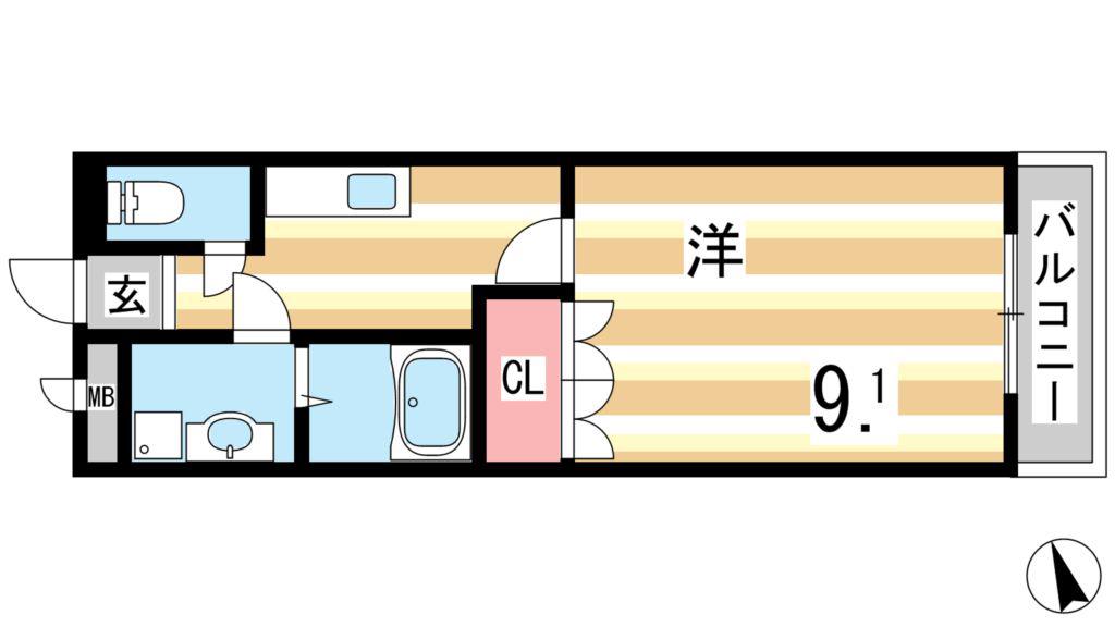 レジデンスE&R(1K/2階)の間取り写真