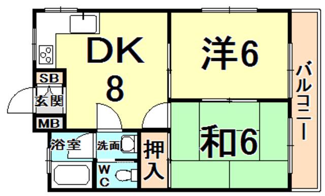サウスコート(2DK/2階)の間取り写真
