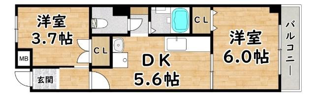 大拓ハイツ7(2DK/6階)の間取り写真