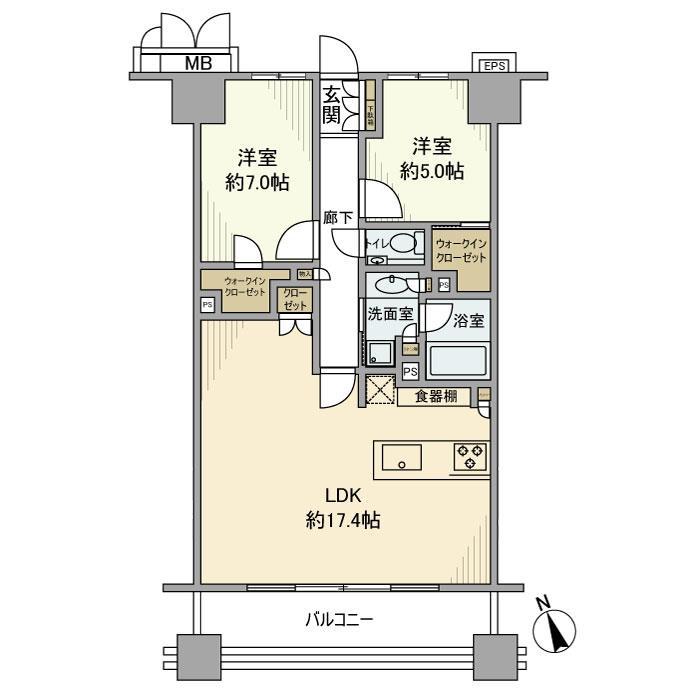 プレシス東京湊 THE RESIDENC(2LDK/2階)の間取り写真