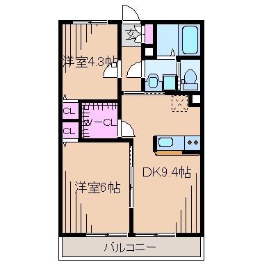 クレストコート三ツ沢(2DK/1階)の間取り写真