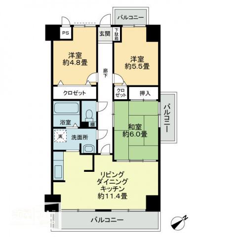 プラージュ司(3LDK/4階)の間取り写真