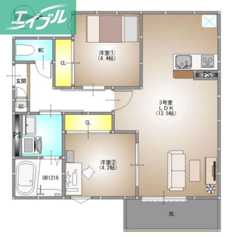 REGALEST 伊島II(2LDK/3階)の間取り写真