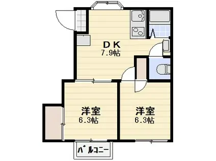 イシイサンヴィレーッジA棟(2DK/2階)の間取り写真