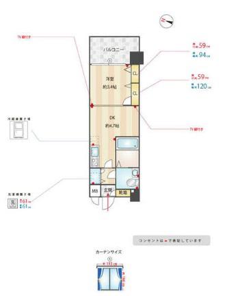 F・PARC 西新(1DK/11階)の間取り写真