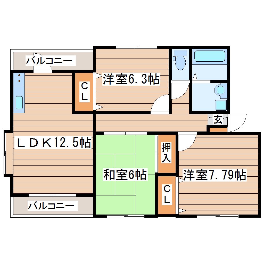 グランデージ遠見塚(3LDK/1階)の間取り写真