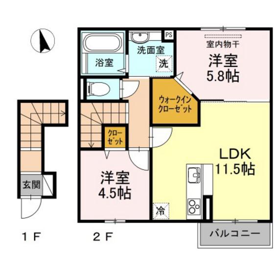 グランド ソレイユ A棟(2LDK/2階)の間取り写真
