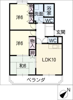 サンハイツ如意申(3LDK/3階)の間取り写真