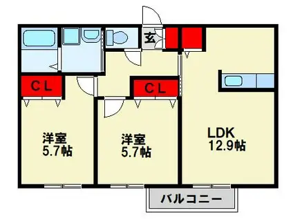 ボヌール大谷 A棟(2LDK/2階)の間取り写真