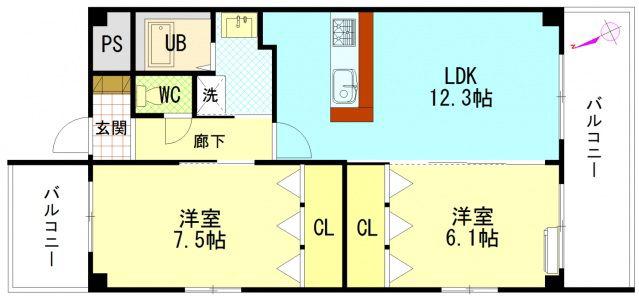 エスポワールサコモト(2LDK/2階)の間取り写真