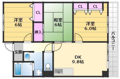 セーヌ東岸和田(3DK/4階)の間取り写真