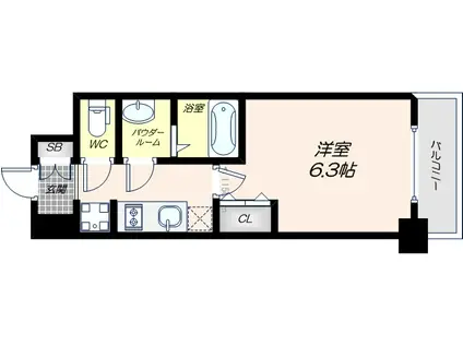 プレサンス上町台夕陽丘(1K/3階)の間取り写真