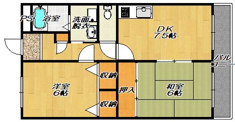 アンジュドール兼光Ⅱ(2DK/2階)の間取り写真