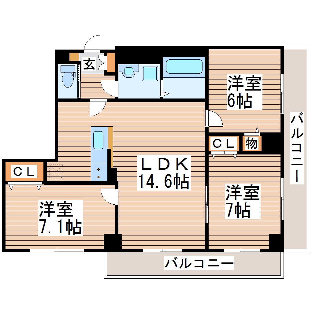 カスタリア榴ヶ岡(3LDK/11階)の間取り写真