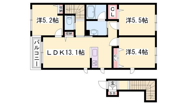 カーサグラス シュデステ(3LDK/2階)の間取り写真