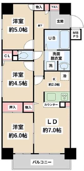 セザールスカイタワー銀座東(3LDK/7階)の間取り写真