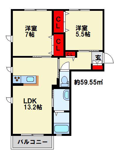 NADYAII D棟 (2LDK/2階)の間取り写真
