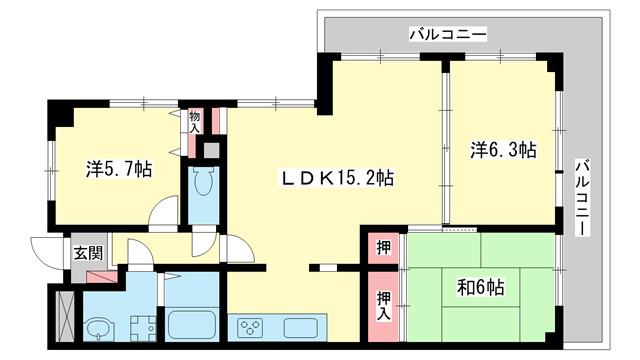 サザンヒルズ学園前5番館(3LDK/3階)の間取り写真