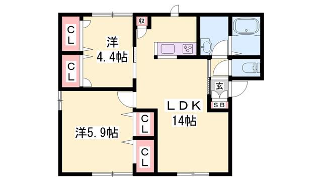 サンコート赤坂 B棟(2LDK/1階)の間取り写真
