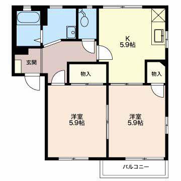 富貴原ハイツ(2K/1階)の間取り写真