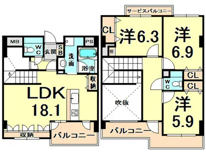 デセンテ甲子園口(2SLDK/3階)の間取り写真