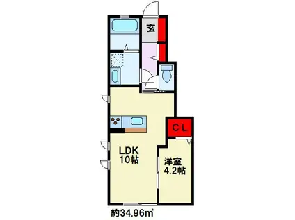 ARIETTA水巻 B棟(1LDK/1階)の間取り写真
