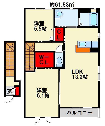 シャーメゾン朽網 B棟(2LDK/2階)の間取り写真