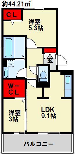 カーサ竪林(2LDK/2階)の間取り写真