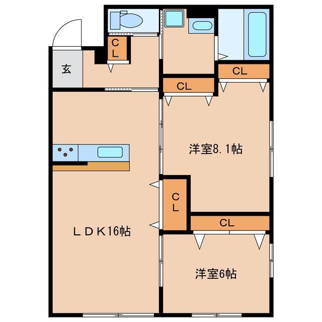 ビエナ下林 B棟(2LDK/1階)の間取り写真
