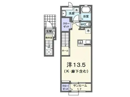 ヴィアアルスI(ワンルーム/2階)の間取り写真