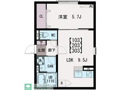 イクシオ東保木間(1LDK/3階)の間取り写真