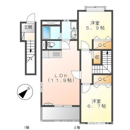 ヴィラサンライトI(2LDK/2階)の間取り写真