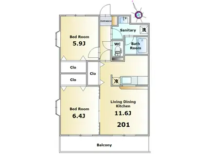 フレア壱番館(2LDK/2階)の間取り写真