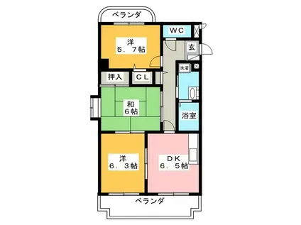 セントラルハイツ野瀬 ウエスト(3DK/6階)の間取り写真