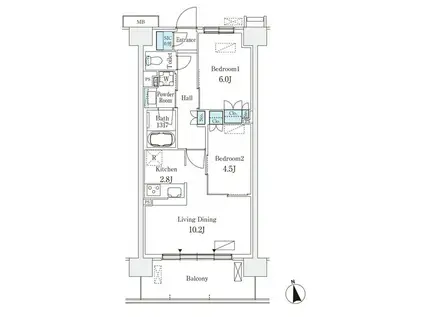 スカイグランデ津田沼(2LDK/8階)の間取り写真