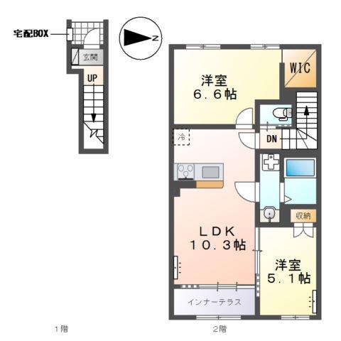 加古郡稲美町国岡 アパート(2LDK/2階)の間取り写真