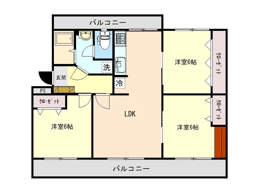 こぐまマンション屋島III B棟(3LDK/4階)の間取り写真